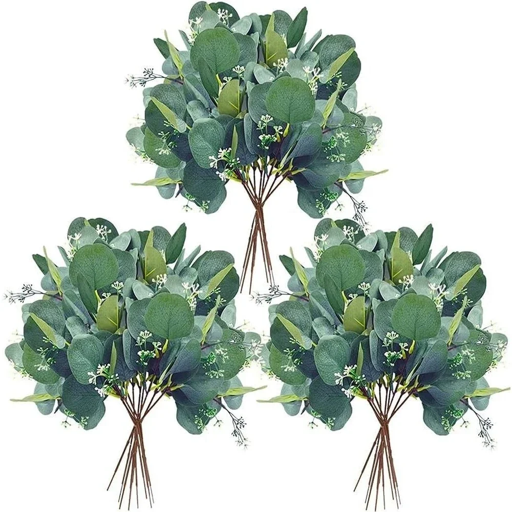 20 Pack Artificial Eucalyptus Leaves Stems w/White Seeds 11